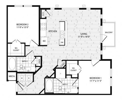 Floor plan for 2 beds, 2 baths, 1103 sqft